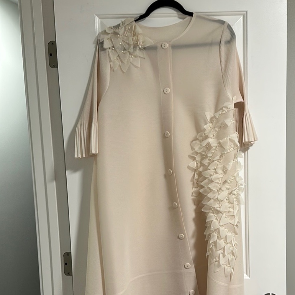 Cream slinky dress/ jacket with pearl accents